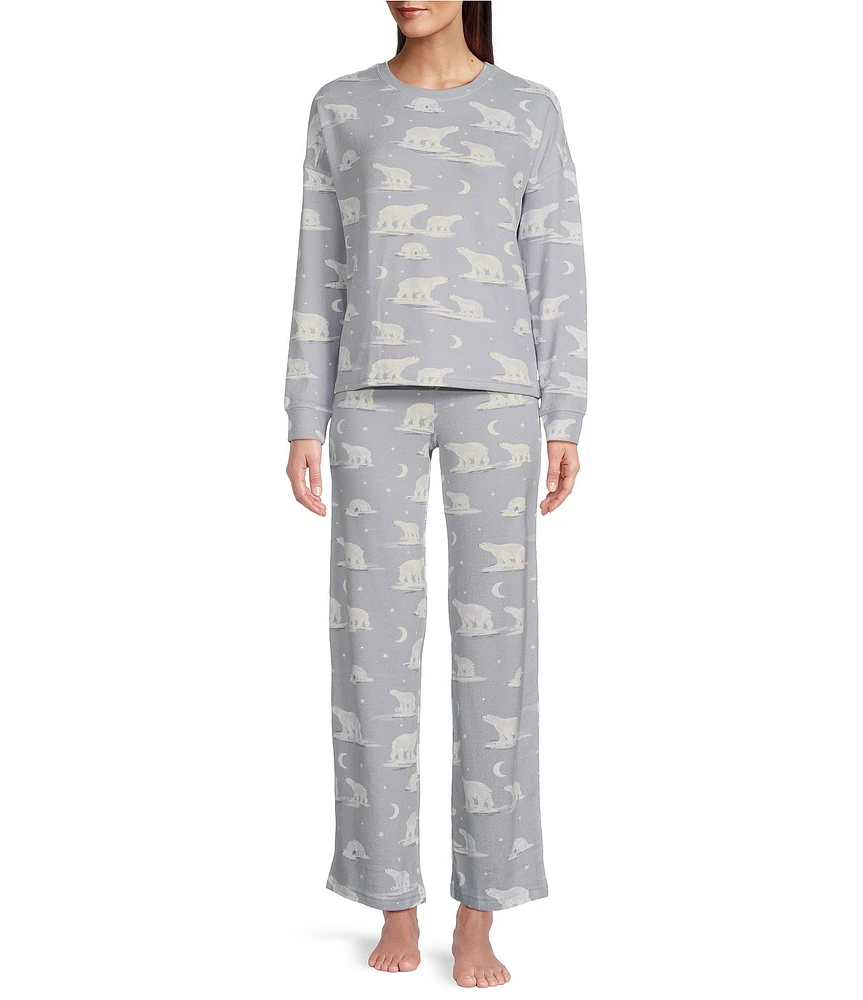 Jasmine & Ginger Polar Bear Print Brushed Knit Long Sleeve Round Neck Top & Pant Holiday Pajama Set