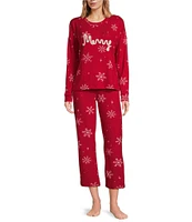 Jasmine & Ginger Snowflake Print Brushed Knit Long Sleeve Round Neck Top & Pant Holiday Pajama Set