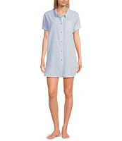 Jasmine & Ginger Striped Seersucker Short Sleeve Button-Front Nightshirt