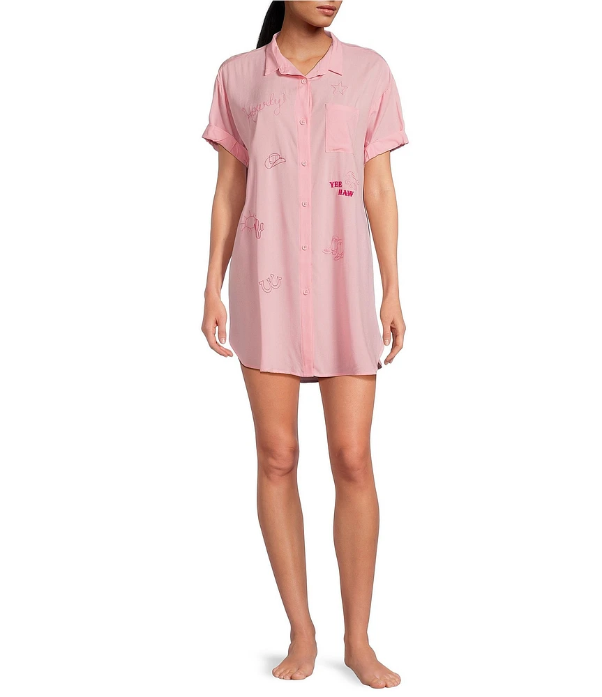 Jasmine & Ginger Western Woven Short Sleeve Button Front Nightshirt