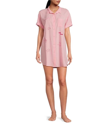 Jasmine & Ginger Western Woven Short Sleeve Button Front Nightshirt