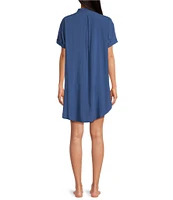 Jasmine & Ginger Woven Short Sleeve Button Front Collar Embroidered Detail Sleepshirt