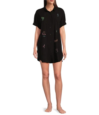 Jasmine & Ginger Woven Short Sleeve Button-Front Collar Embroidered Detail Sleepshirt