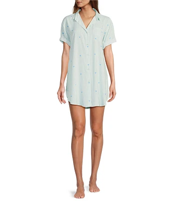 Jasmine & Ginger Woven Short Sleeve Button-Front Collar Striped Sleepshirt