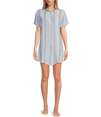 Jasmine & Ginger Woven Short Sleeve Button-Front Collar Striped Sleepshirt