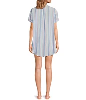 Jasmine & Ginger Woven Short Sleeve Button-Front Collar Striped Sleepshirt