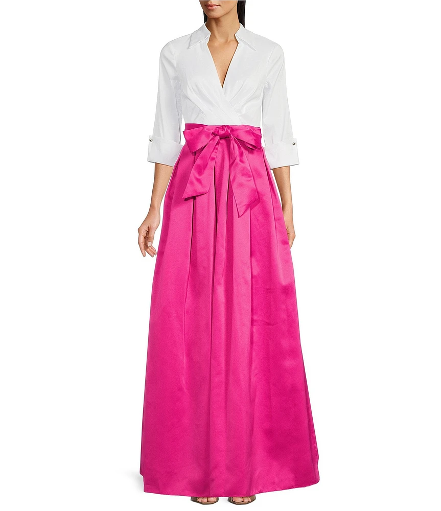 Jessica Howard 3/4 Cuff Sleeve Collared V-Neck Tie Sash Satin Ball Gown