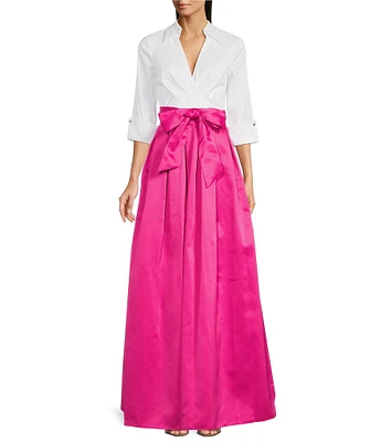 Jessica Howard 3/4 Cuff Sleeve Collared V-Neck Tie Sash Satin Ball Gown