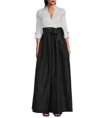 Jessica Howard 3/4 Cuff Sleeve Collared V-Neck Tie Sash Ball Gown