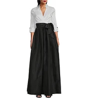 Jessica Howard 3/4 Cuff Sleeve Collared V-Neck Tie Sash Ball Gown