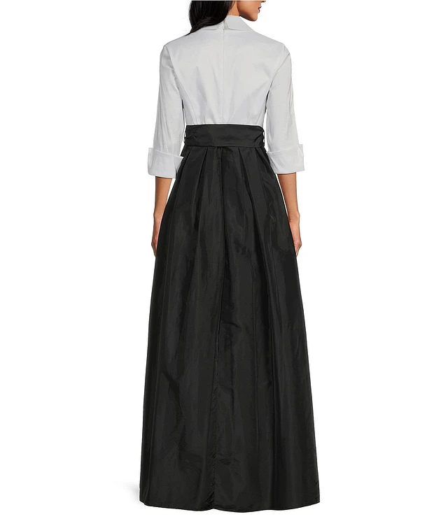 Jessica Howard 3/4 Cuff Sleeve Collared V-Neck Tie Sash Ball Gown
