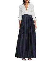 Jessica Howard 3/4 Cuff Sleeve Collared V-Neck Tie Sash Ball Gown