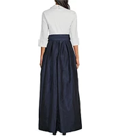 Jessica Howard 3/4 Cuff Sleeve Collared V-Neck Tie Sash Ball Gown