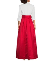 Jessica Howard 3/4 Cuff Sleeve Collared V-Neck Tie Sash Satin Ball Gown