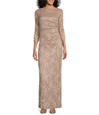 Jessica Howard 3/4 Sleeve Crew Neck Side Tuck Lace Gown