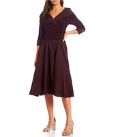 Jessica Howard Jersey Taffeta 3/4 Sleeve Portrait Collar Ruched A-Line Midi Dress