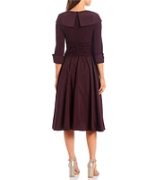 Jessica Howard Jersey Taffeta 3/4 Sleeve Portrait Collar Ruched A-Line Midi Dress