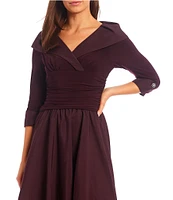 Jessica Howard Jersey Taffeta 3/4 Sleeve Portrait Collar Ruched A-Line Midi Dress