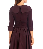 Jessica Howard Jersey Taffeta 3/4 Sleeve Portrait Collar Ruched A-Line Midi Dress