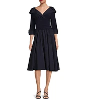 Jessica Howard Jersey Taffeta 3/4 Sleeve Portrait Collar Ruched A-Line Midi Dress