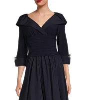 Jessica Howard Jersey Taffeta 3/4 Sleeve Portrait Collar Ruched A-Line Midi Dress