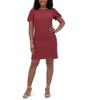 Jessica Howard Applique Crew Neck Short Puff Sleeve Boucle Sheath Dress