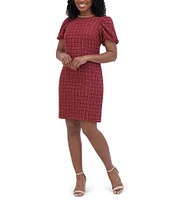 Jessica Howard Applique Crew Neck Short Puff Sleeve Boucle Sheath Dress