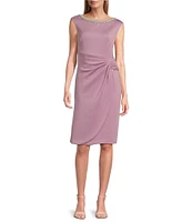Jessica Howard Beaded Crew Neck Cap Sleeve Faux Wrap Dress