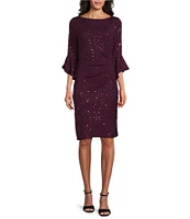 Jessica Howard Boat Neck 3/4 Bell Sleeve Pleated Waist Sequin Sheath Dress