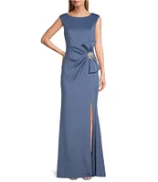 Jessica Howard Boat Neck Cap Sleeve Embellished Bow Sheath Gown