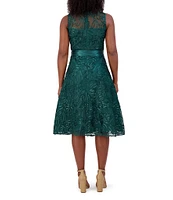 Jessica Howard Boatneck Sleeveless Tie Sash Floral Soutache Fit and Flare Dress