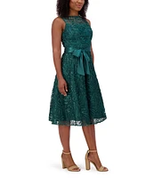 Jessica Howard Boatneck Sleeveless Tie Sash Floral Soutache Fit and Flare Dress