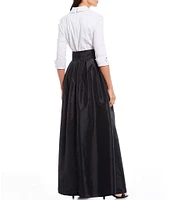 Jessica Howard Color Block V-Neck 3/4 Sleeve Tie Waist Taffeta Ball Gown