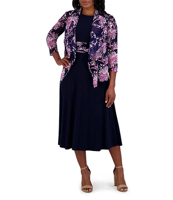 Jessica Howard Crew Neck 3/4 Sleeve Ruched Waist 2 Piece Jacket Dress