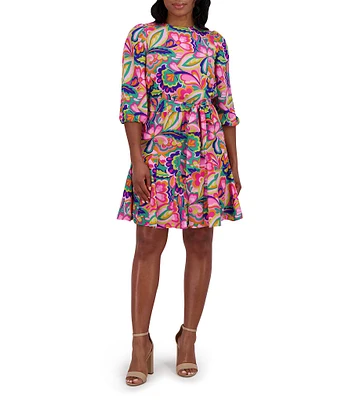 Jessica Howard Crew Neck 3/4 Sleeve Tie Sash Fit and Flare Godet Dress