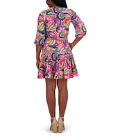 Jessica Howard Crew Neck 3/4 Sleeve Tie Sash Fit and Flare Godet Dress