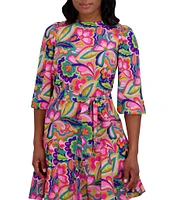 Jessica Howard Crew Neck 3/4 Sleeve Tie Sash Fit and Flare Godet Dress