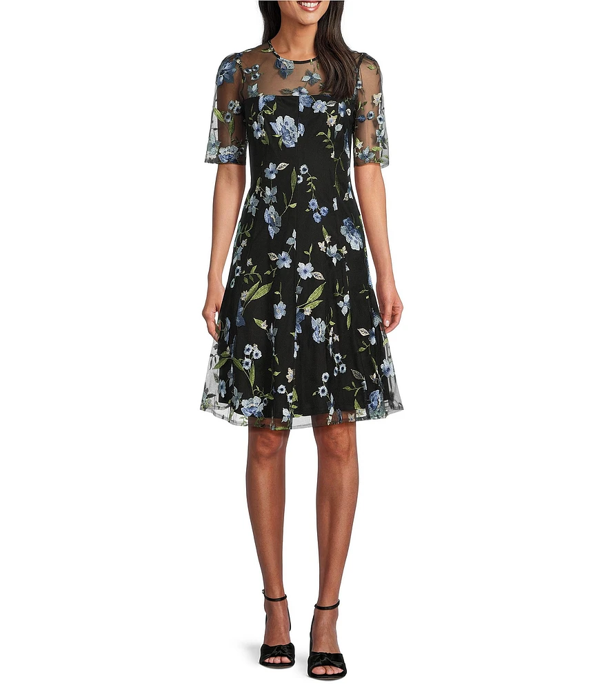 Jessica Howard Crew Neck Elbow Sleeve Floral Embroidered Fit-and-Flare Dress