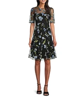 Jessica Howard Crew Neck Elbow Sleeve Floral Embroidered Fit-and-Flare Dress