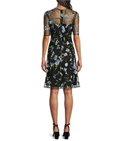 Jessica Howard Crew Neck Elbow Sleeve Floral Embroidered Fit-and-Flare Dress