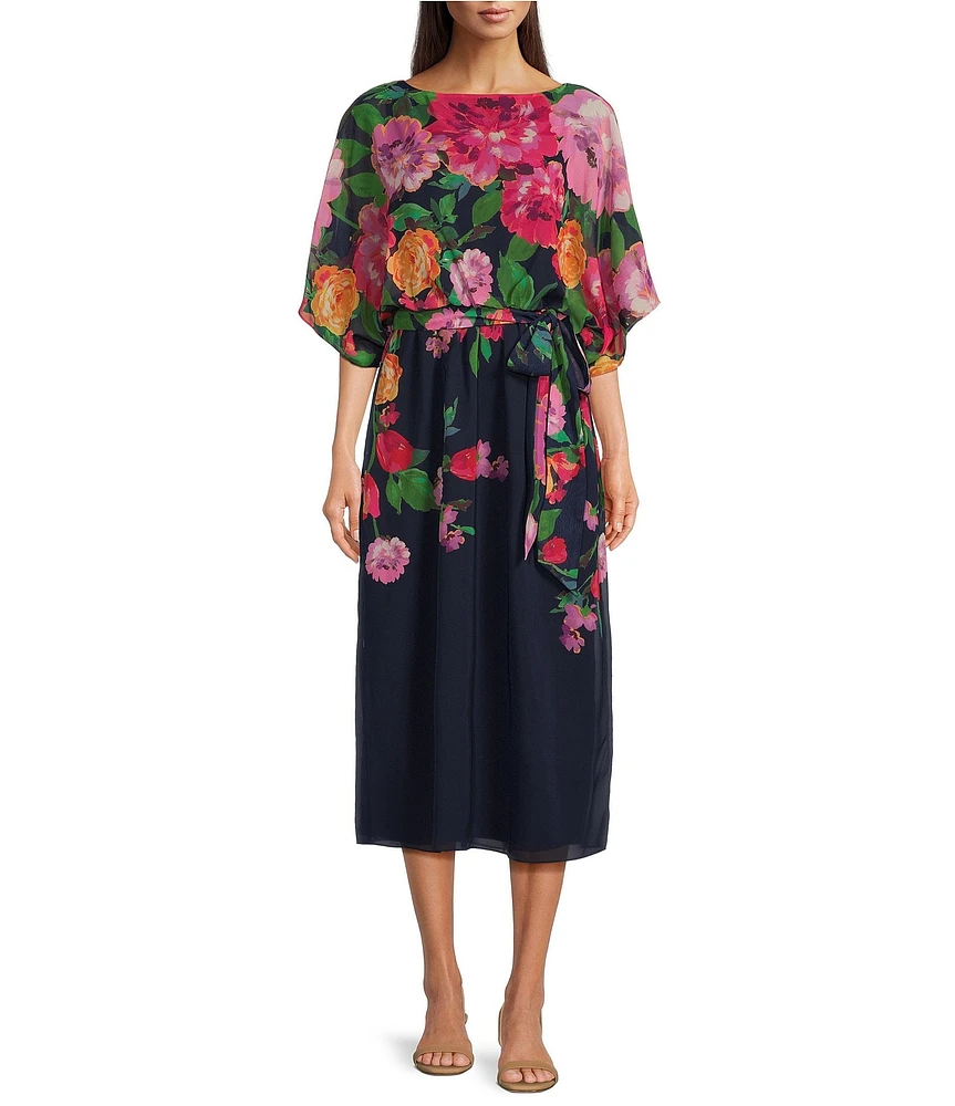 Jessica Howard Dolman Sleeve Floral Print Belted Midi Dress