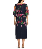 Jessica Howard Dolman Sleeve Floral Print Belted Midi Dress