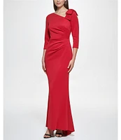 Jessica Howard 3/4 Sleeve Asymmetrical Neck Bow Shoulder Side Tuck Gown