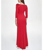 Jessica Howard 3/4 Sleeve Asymmetrical Neck Bow Shoulder Side Tuck Gown