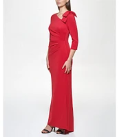 Jessica Howard 3/4 Sleeve Asymmetrical Neck Bow Shoulder Side Tuck Gown