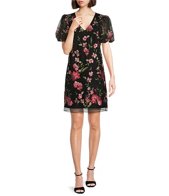 Jessica Howard Embroidered Mesh V-Neck Bubble Sleeve Sheath Dress