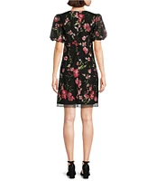 Jessica Howard Embroidered Mesh V-Neck Bubble Sleeve Sheath Dress