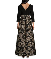 Jessica Howard Floral Metallic Jacquard Boat Neck 3/4 Sleeve Tie Sash Ballgown