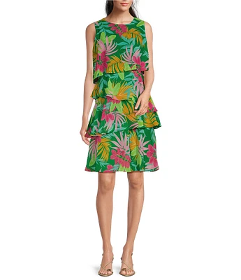 Jessica Howard Floral Print Crew Neck Sleeveless Tiered Chiffon Dress