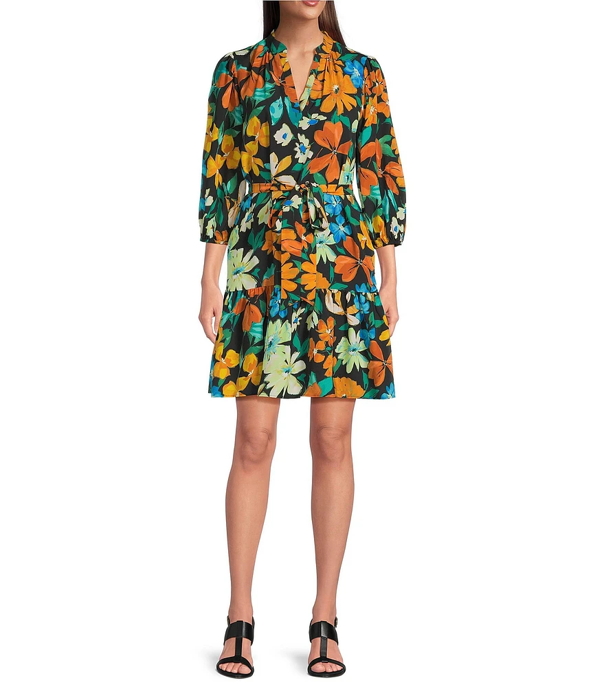 Jessica Howard Floral Print Split V-Neck 3/4 Sleeve Fit-And-Flare Dress